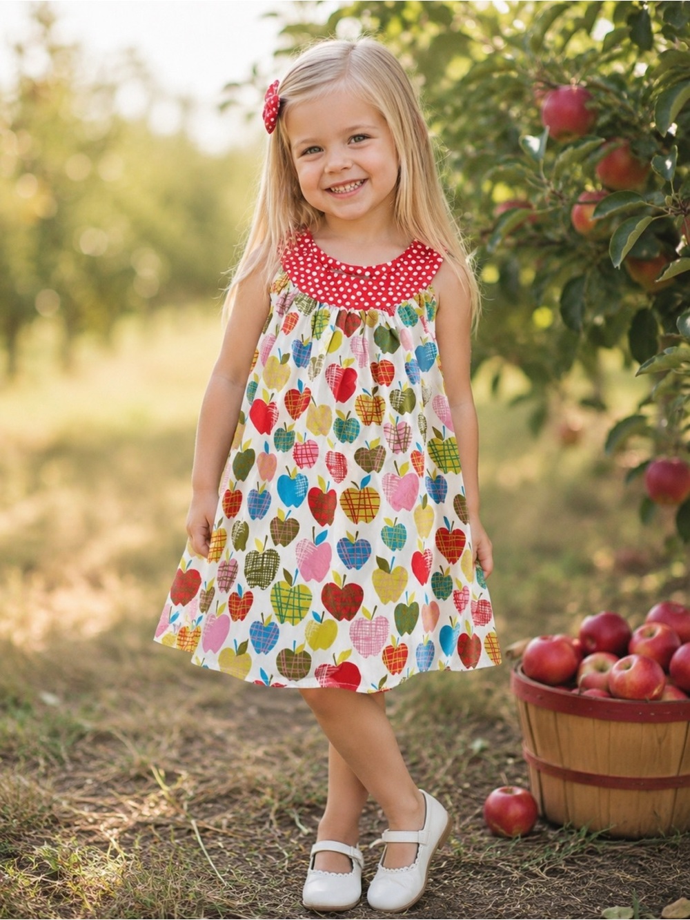 Girls Red Polka Collar Apple Print Casual Dress